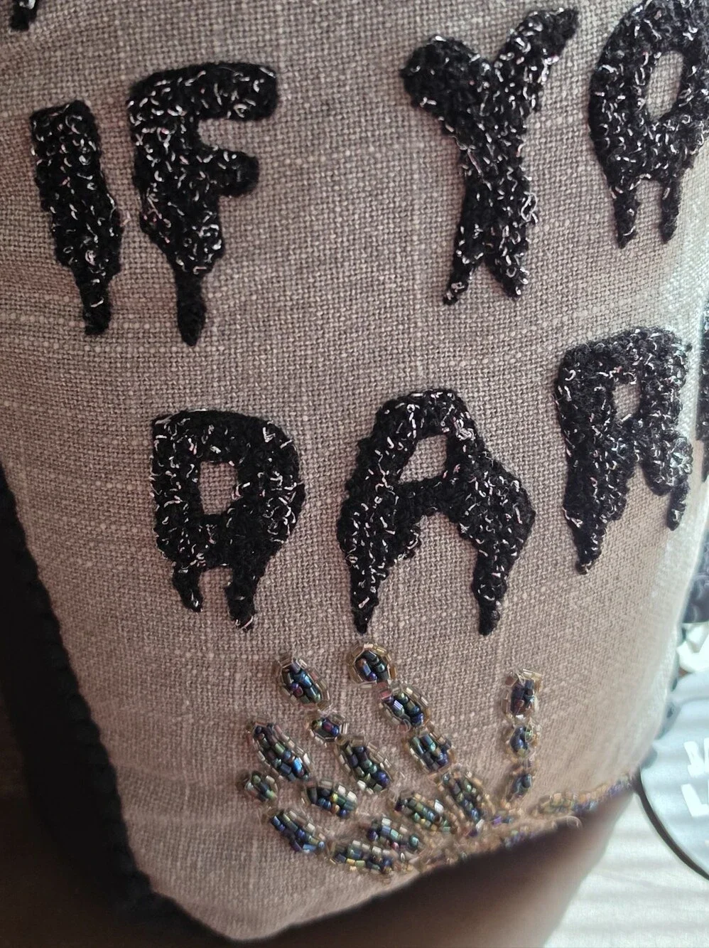 Beaded Coffin Pillow, Black & Grey  'Enter If You Dare' Halloween Pillow Decor
